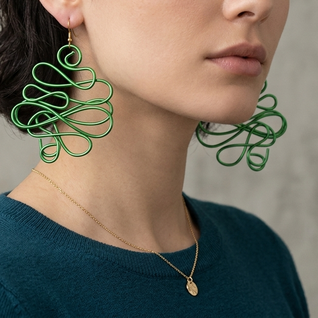 Green Abstract Twisted Wire Earrings
