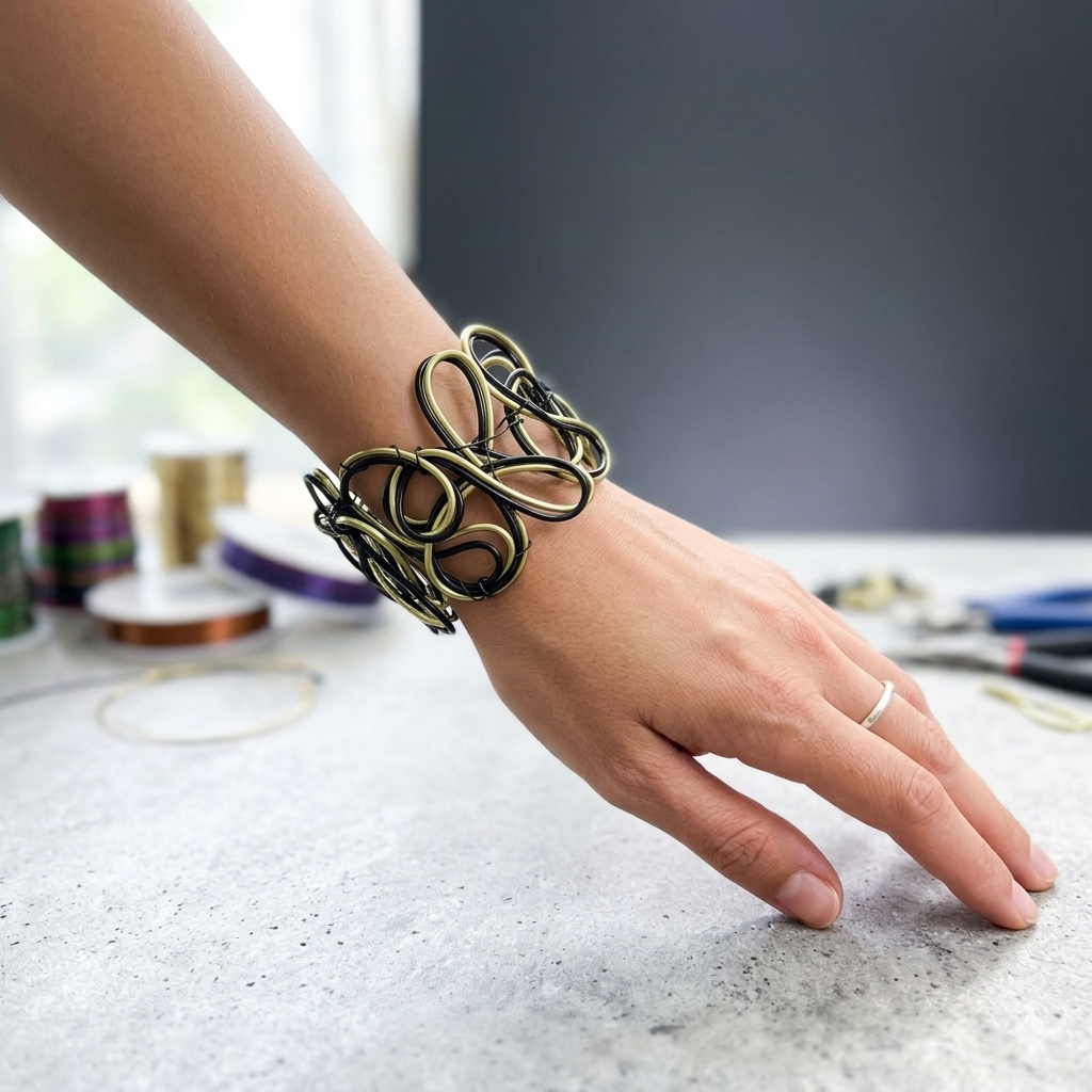 Black & Yellow-Lime Abstract Twisted Aluminum Wire Bracelet