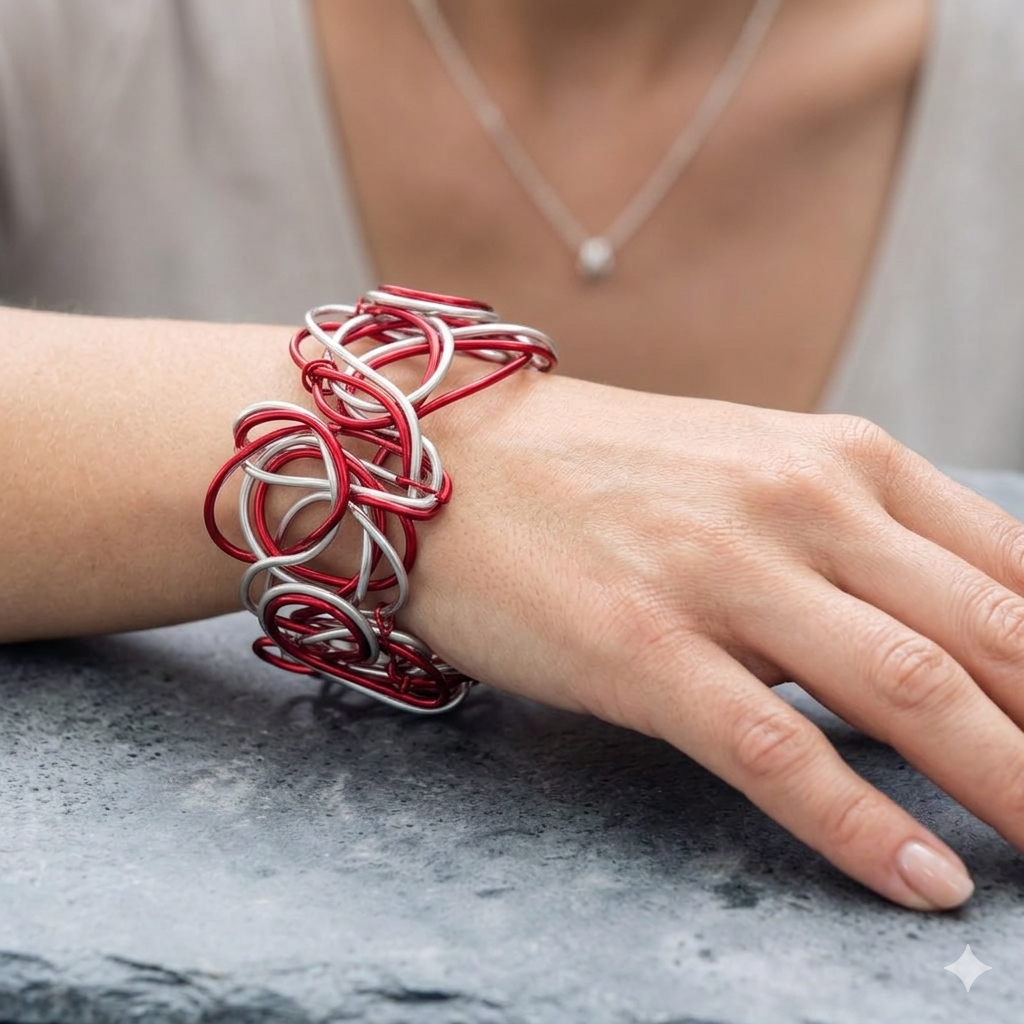 Red & Silver Abstract Design Aluminum Wire Bracelet