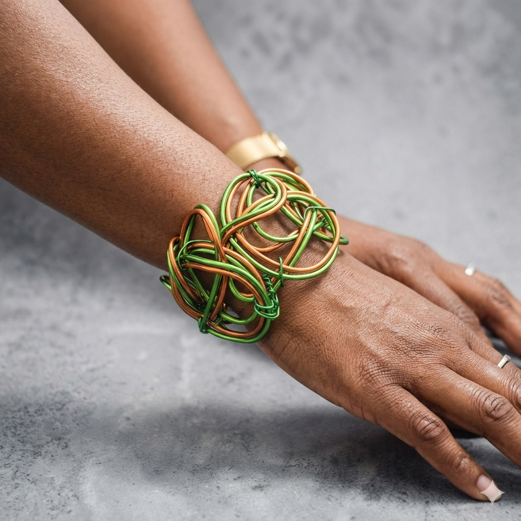 Green & Orange Abstract Twisted Aluminum Wire Bracelet