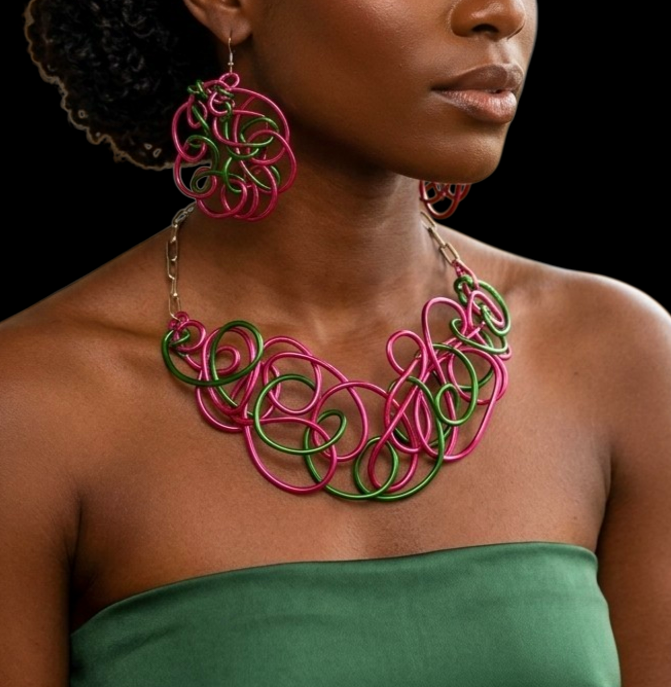 Pink & Green Electric Bloom Abstract Wire Necklace & Earring Set