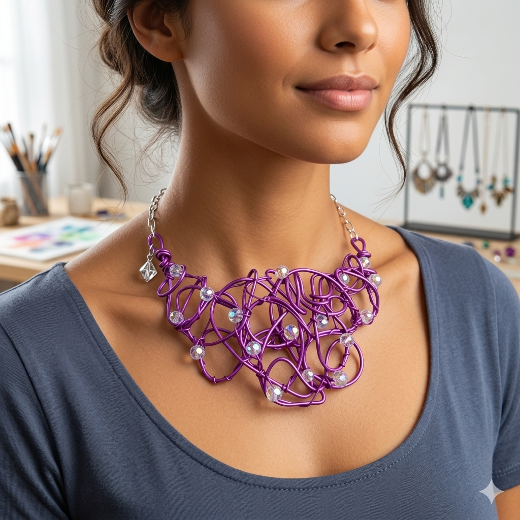 Purple Abstract Wire Choker Necklace With Clear Faceted Bead Adornment