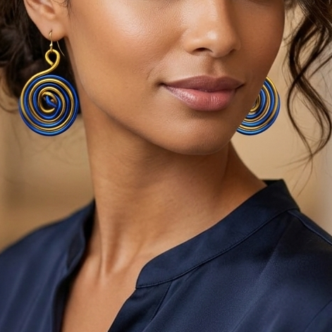 Blue & Gold Aluminum Wire Swirl Earrings