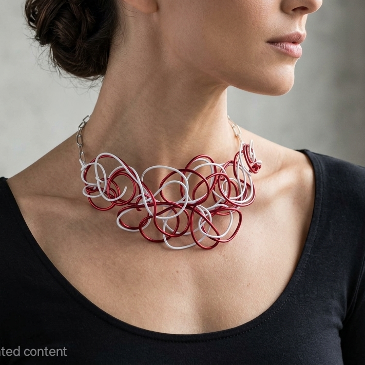 Red & White Abstract Twisted Wire Choker Necklace
