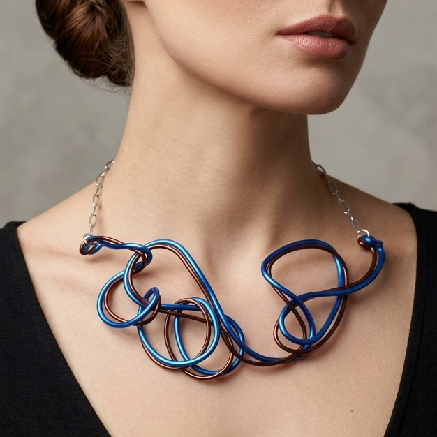 Brown (Metallic) & Blue Abstract Wire Choker Necklace