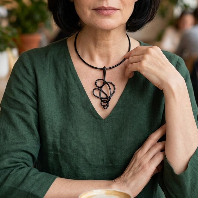 Black Abstract Aluminum Wire Pendant Choker Necklace