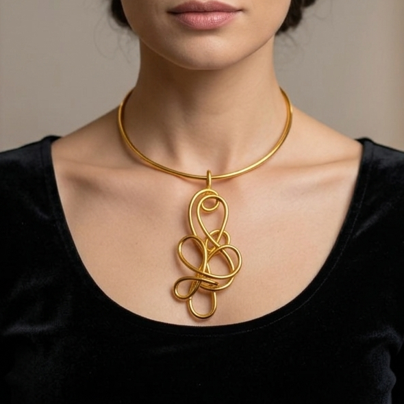 Gold Aluminum Wire Abstract Pendant Choker Necklace