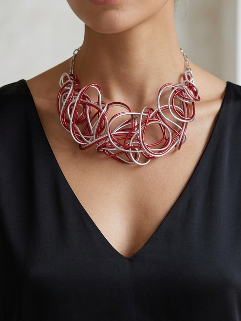 Red & Silver Aluminum Wire Bib Choker Necklace