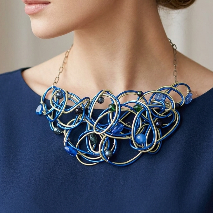 Blue & Yellow-Lime Aluminum Wire With Beads Choker Necklace