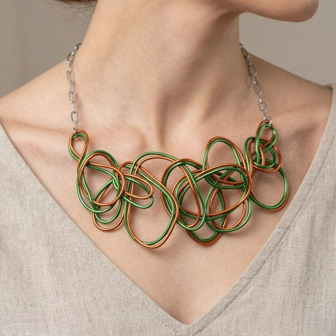 Orange & Green Aluminum Wire Abstract Twisted Choker Necklace