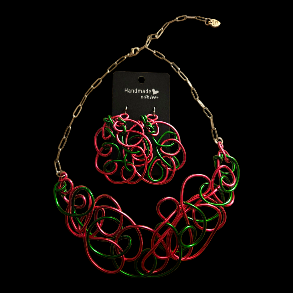 Pink & Green Electric Bloom Abstract Wire Necklace & Earring Set