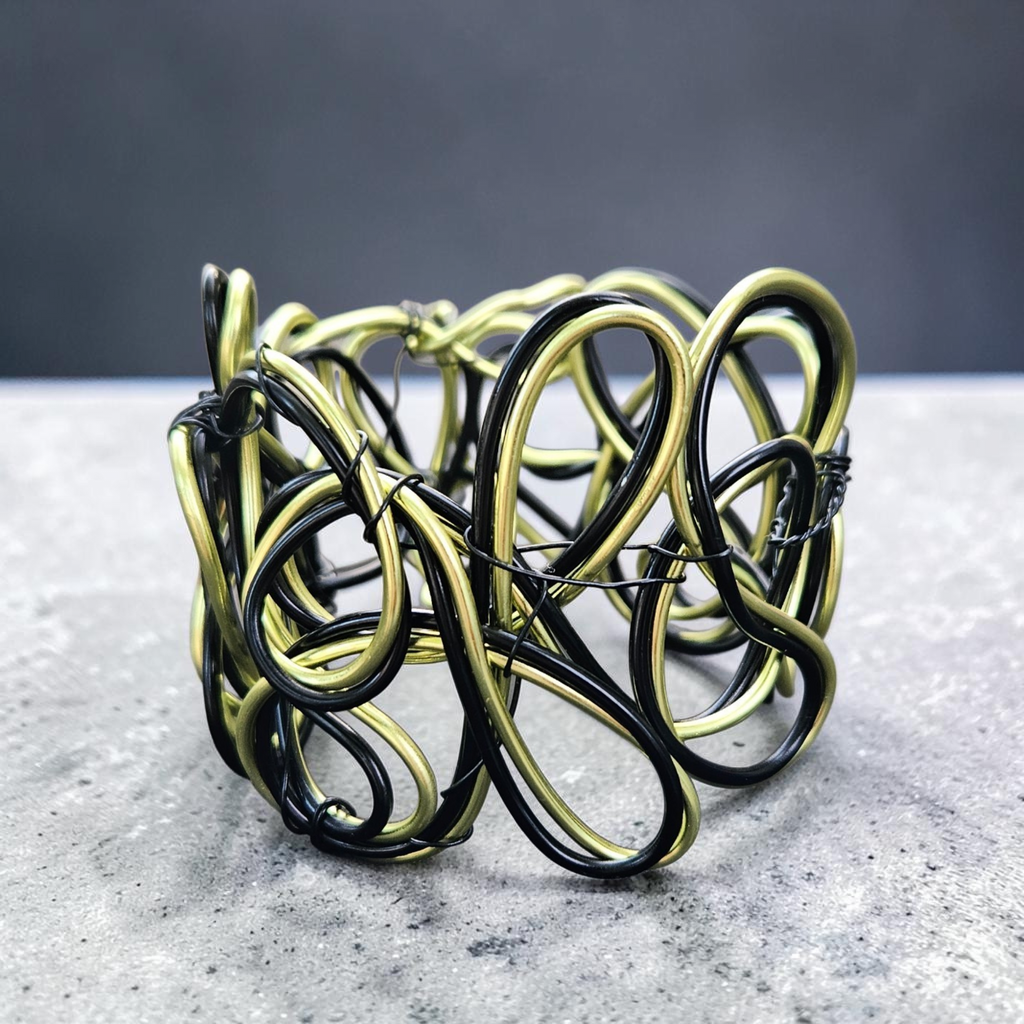 Black & Yellow-Lime Abstract Twisted Aluminum Wire Bracelet