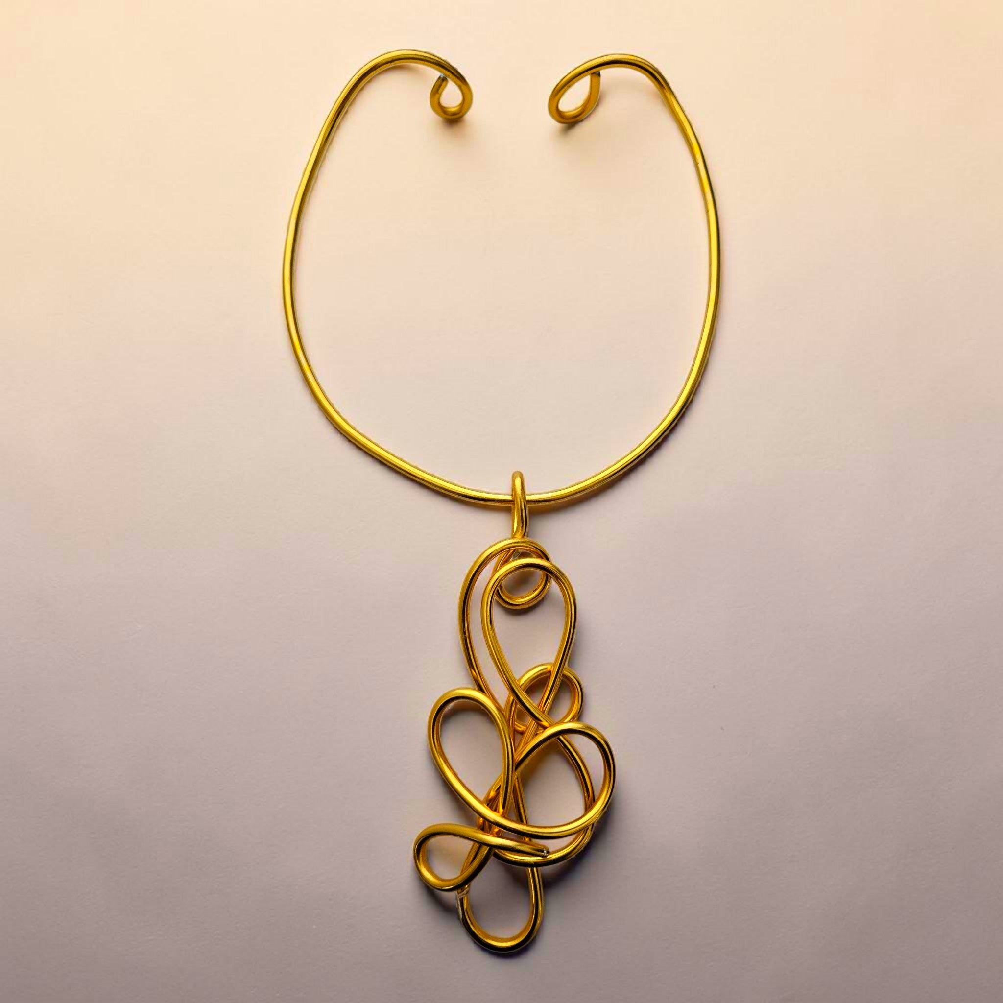 Gold Aluminum Wire Abstract Pendant Choker Necklace