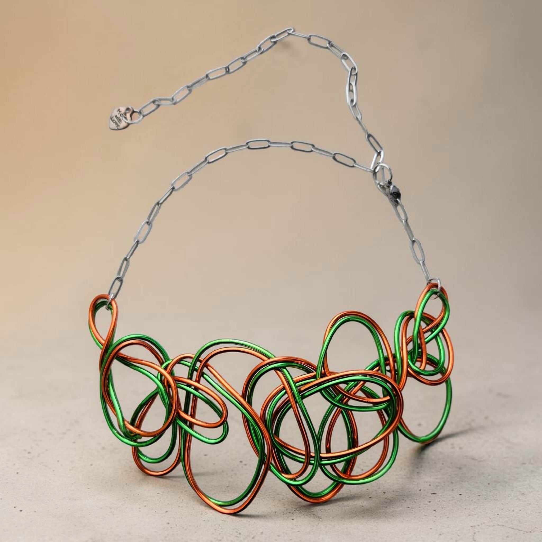 Orange & Green Aluminum Wire Abstract Twisted Choker Necklace