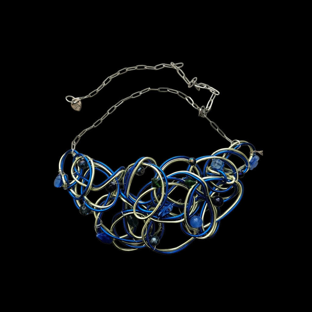 Blue & Yellow-Lime Aluminum Wire With Beads Choker Necklace