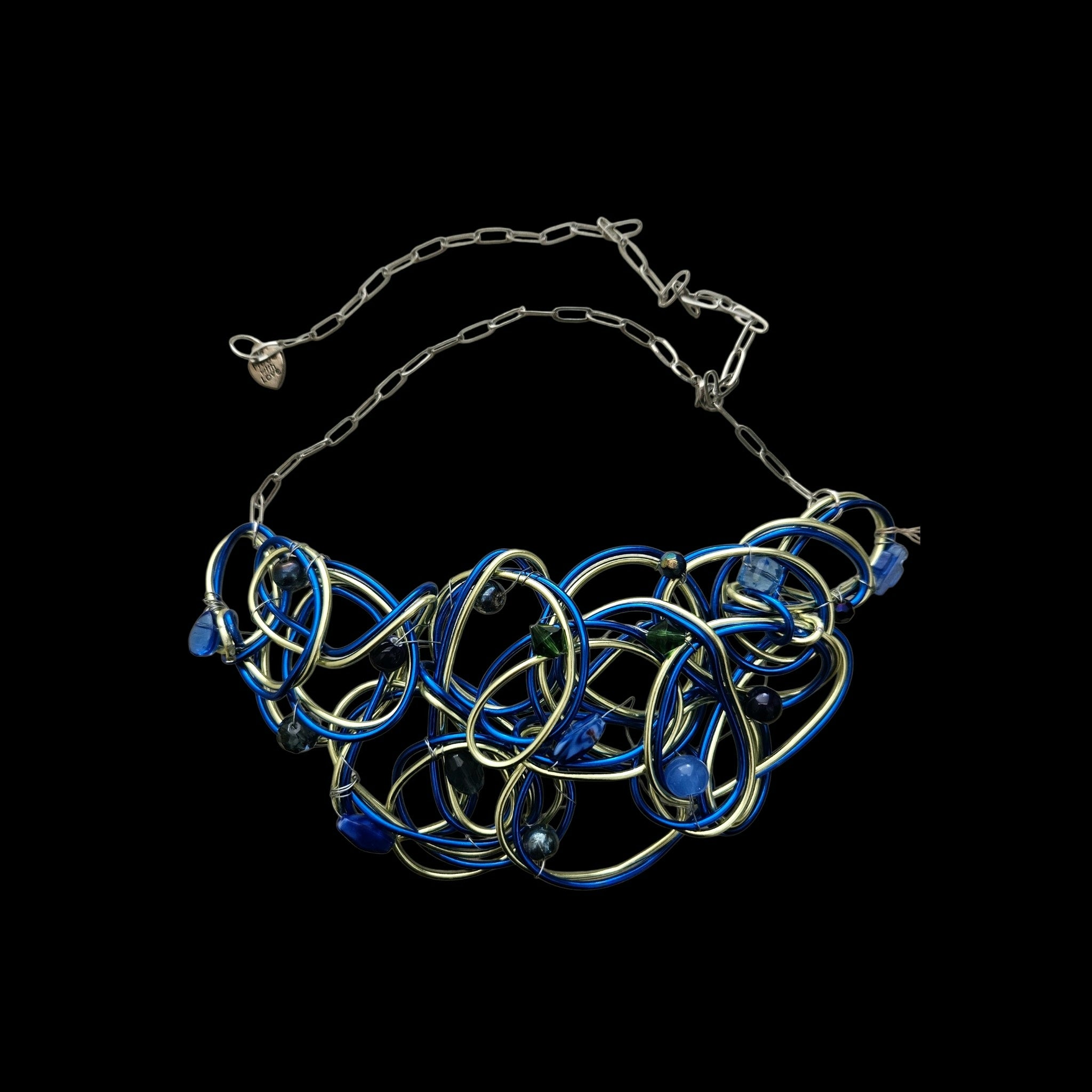 Blue & Yellow-Lime Aluminum Wire With Beads Choker Necklace