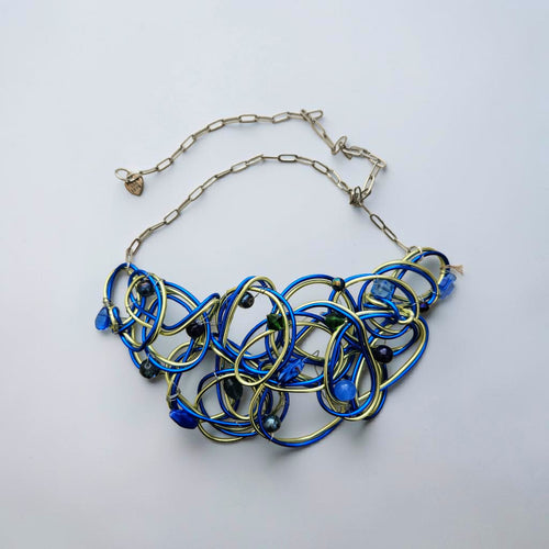 Blue & Yellow-Lime Aluminum Wire With Beads Choker Necklace