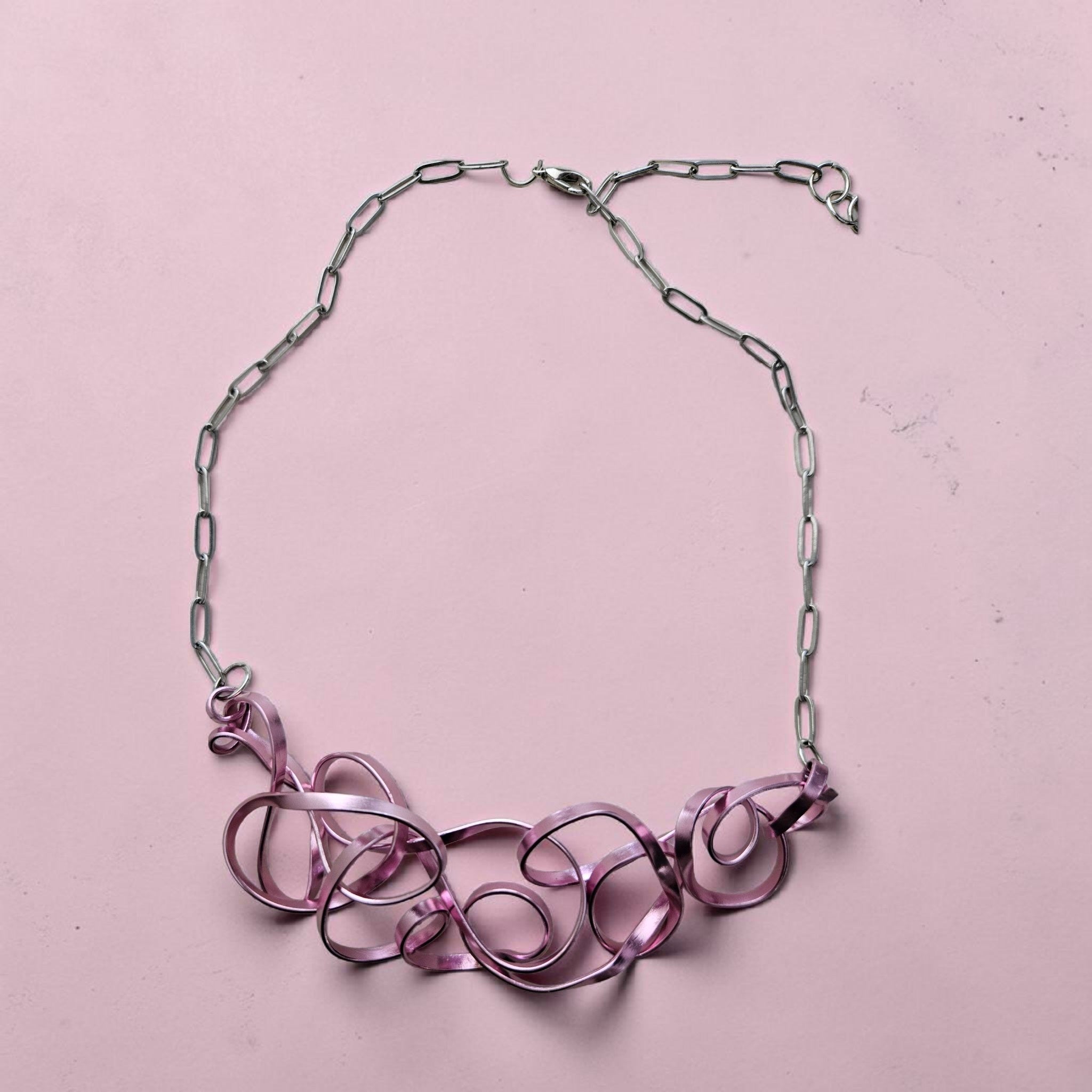 Pink (Soft Metallic) Flattened Ribbon-like Aluminum Wire Choker Necklace