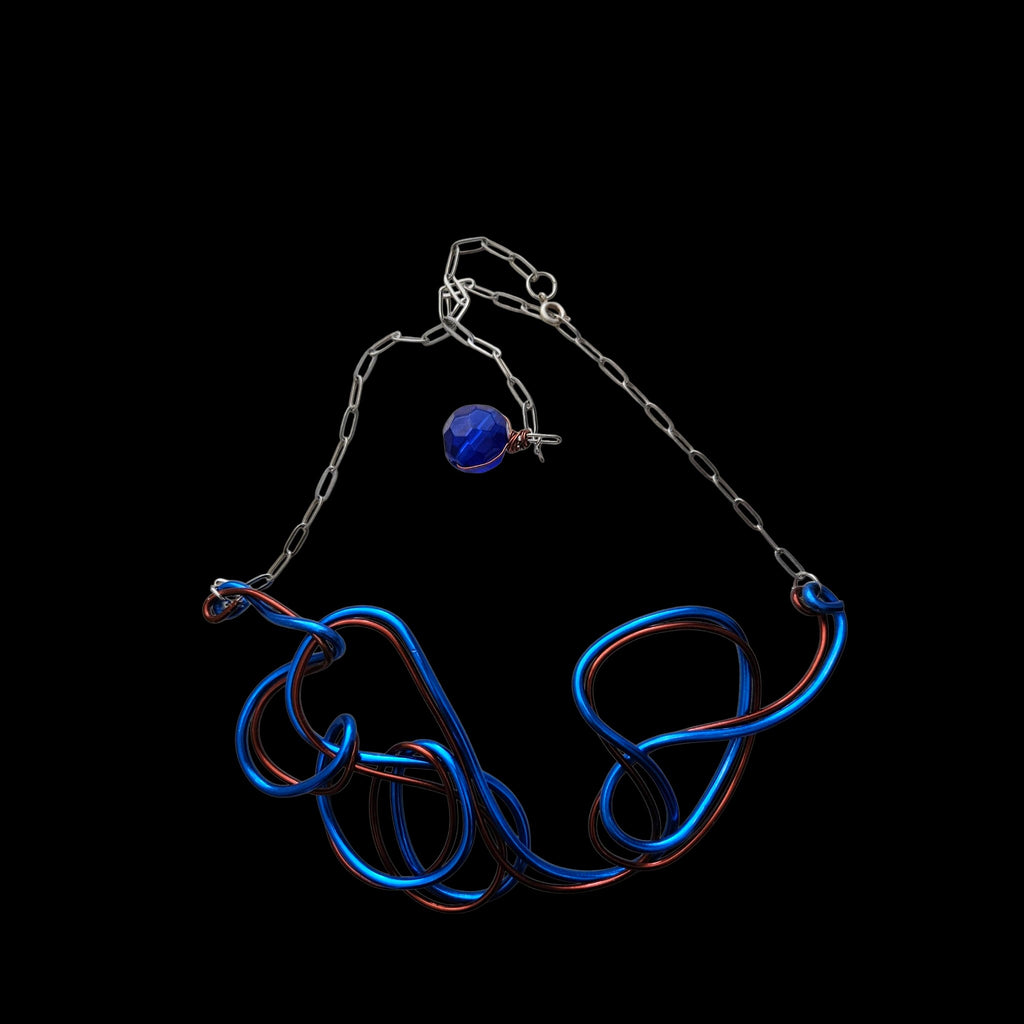 Brown (Metallic) & Blue Abstract Wire Choker Necklace