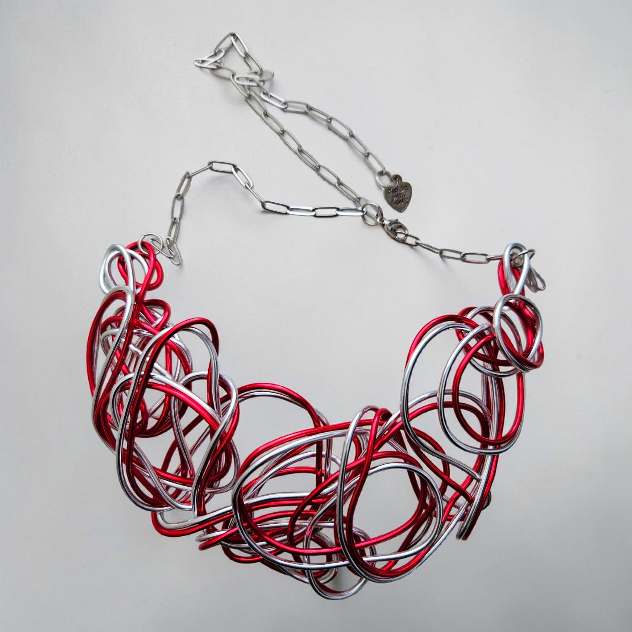 Red & Silver Aluminum Wire Bib Choker Necklace