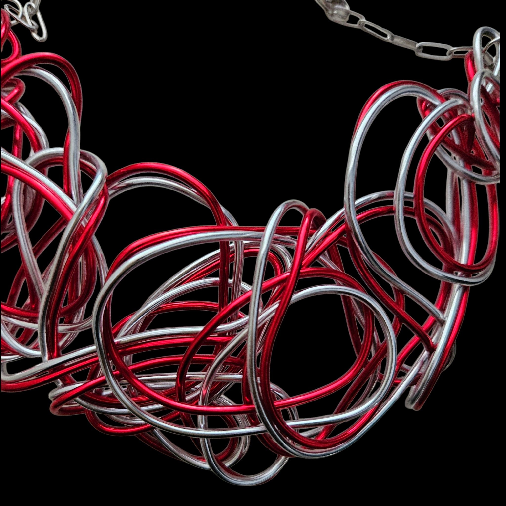 Red & Silver Aluminum Wire Bib Choker Necklace