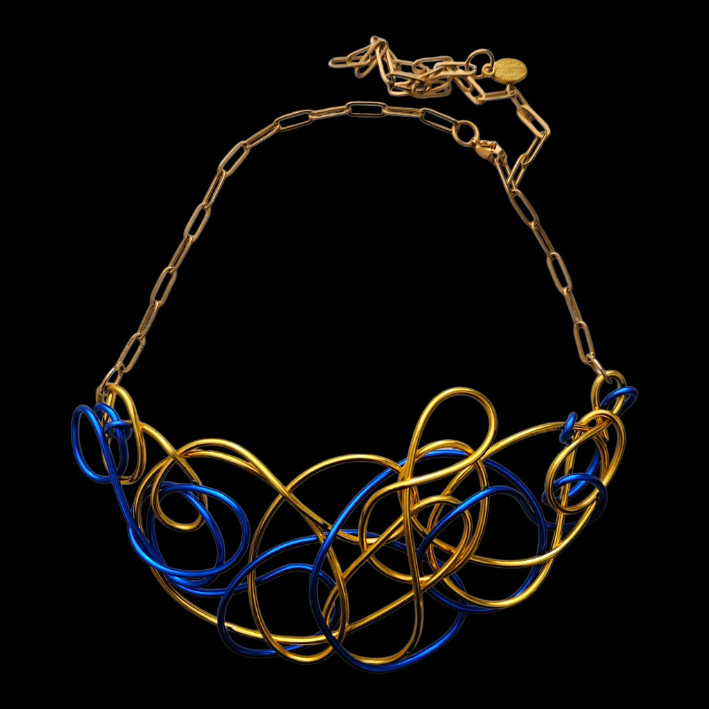 Blue & Gold Abstract Wire Choker Necklace