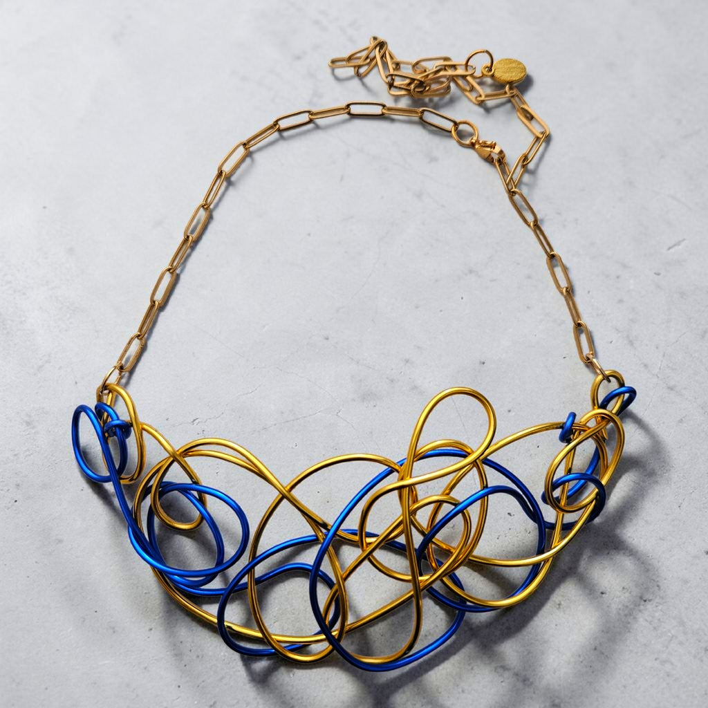 Blue & Gold Abstract Wire Choker Necklace