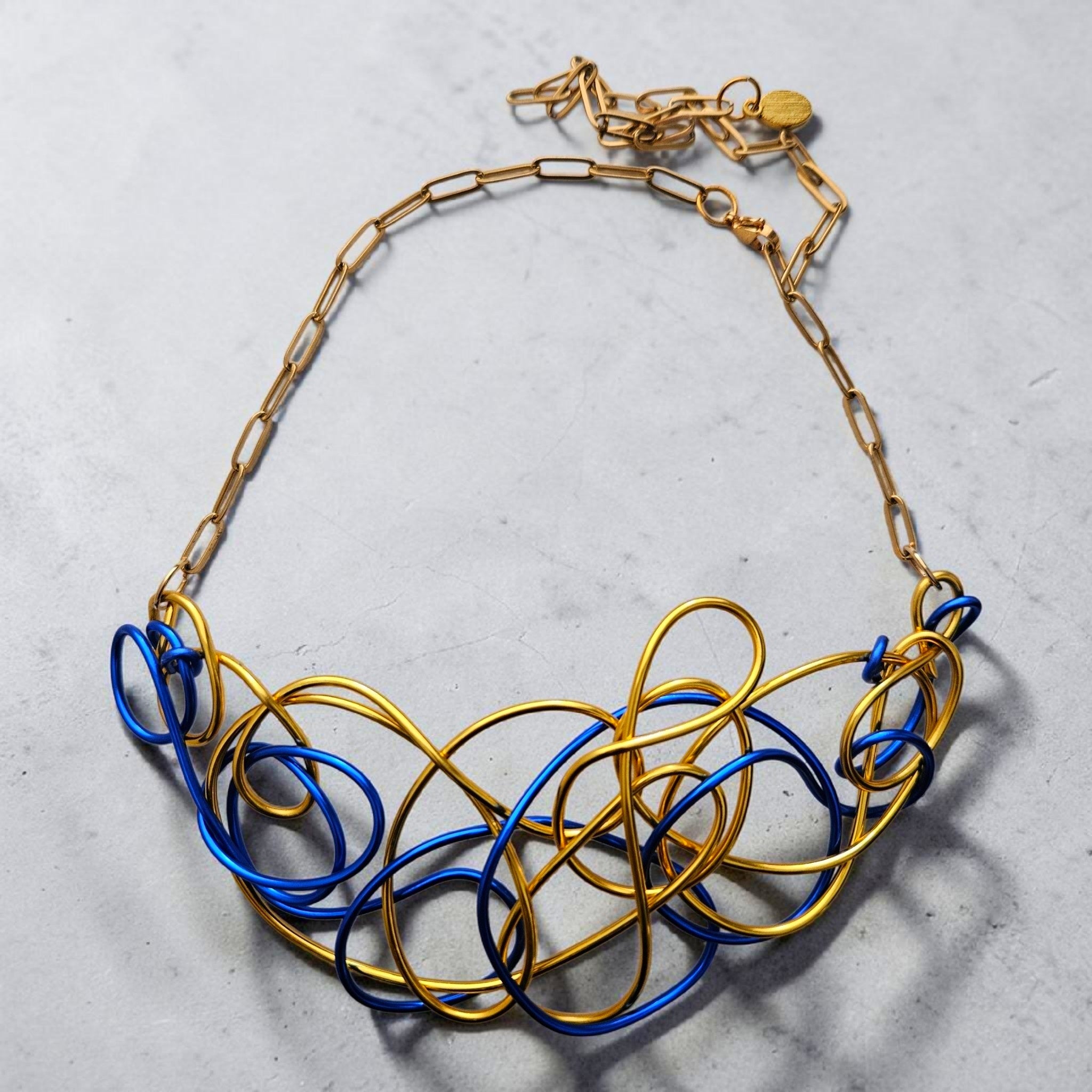 Blue & Gold Abstract Wire Choker Necklace