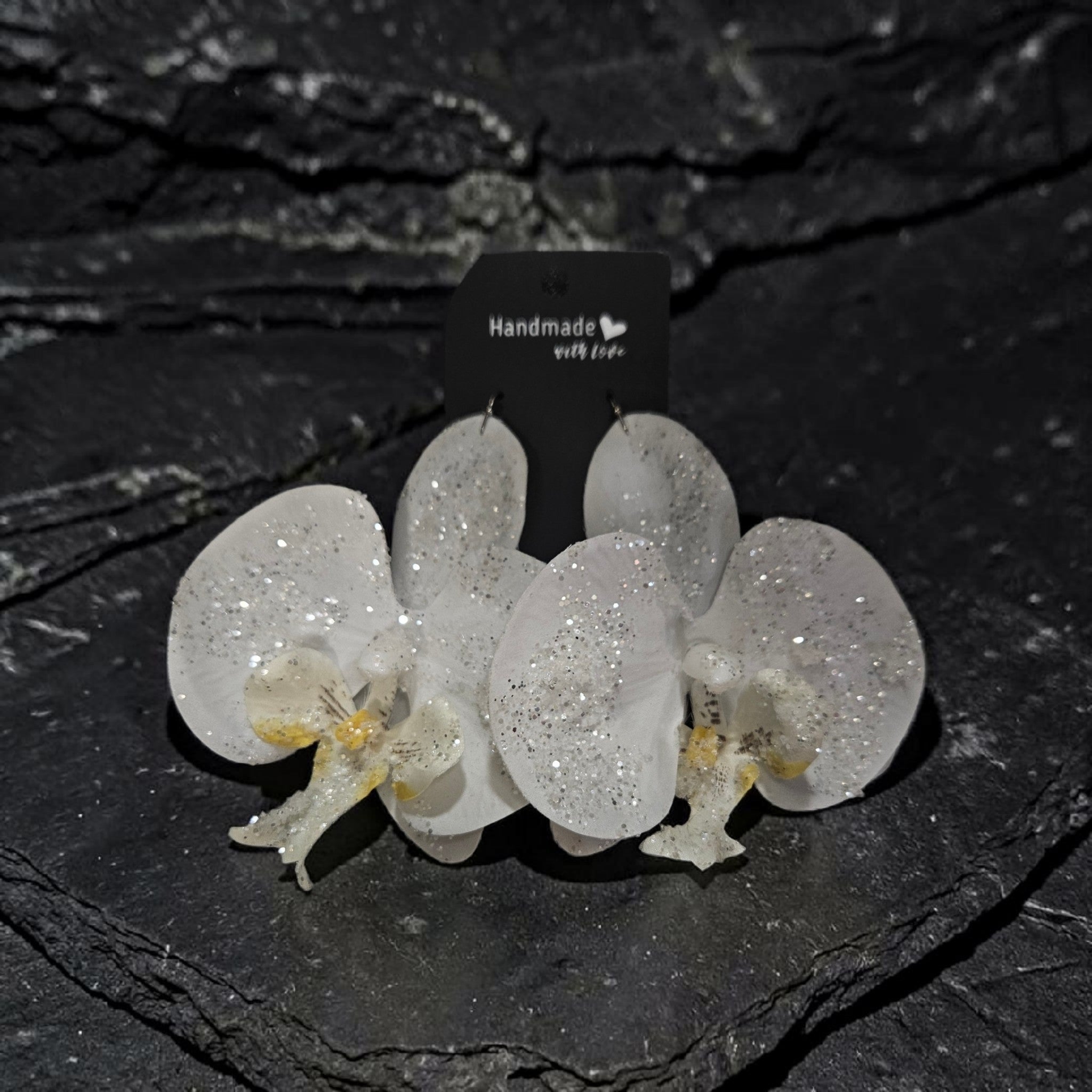 White Glitter / Sparkle Orchid Earrings