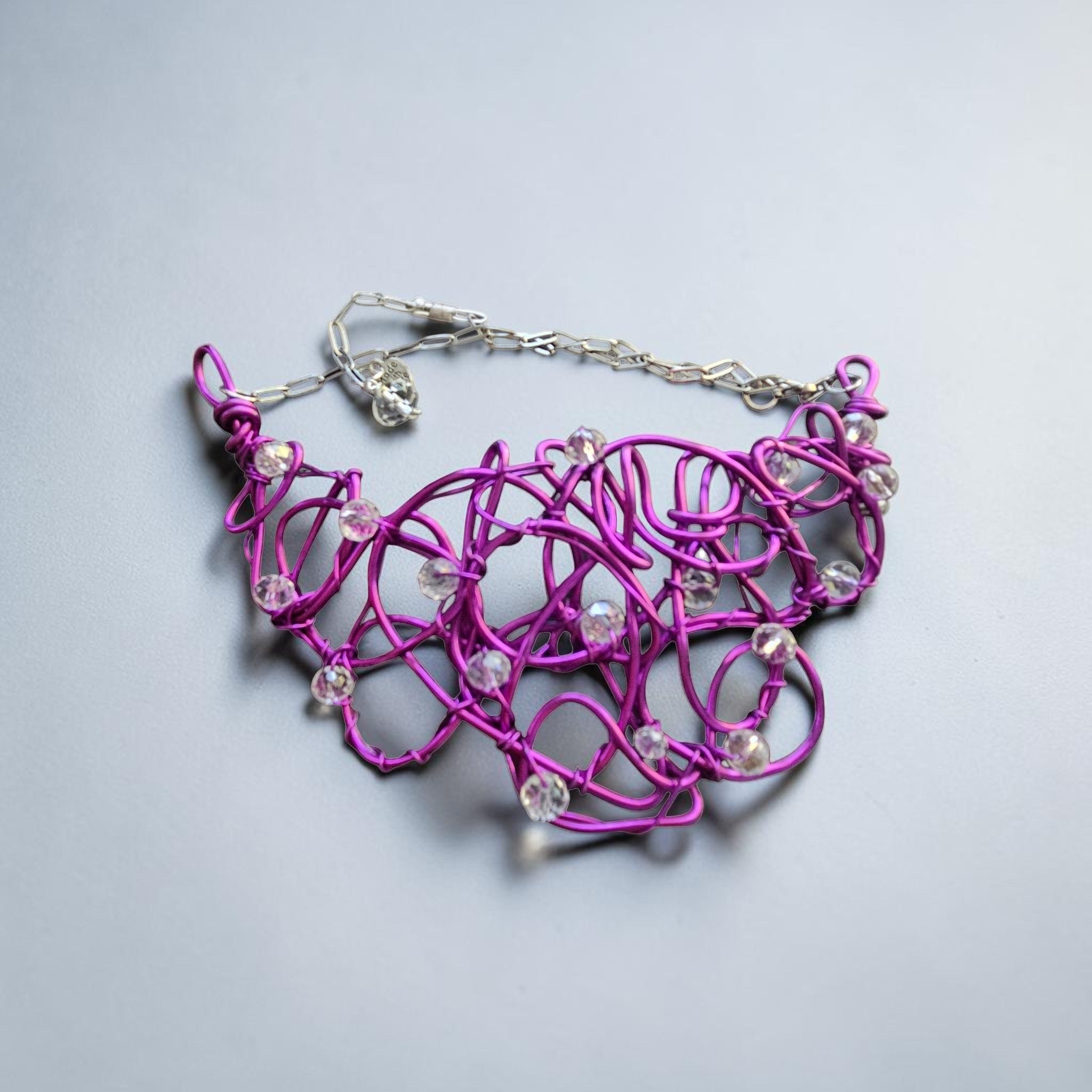 Purple Abstract Wire Choker Necklace With Clear Faceted Bead Adornment