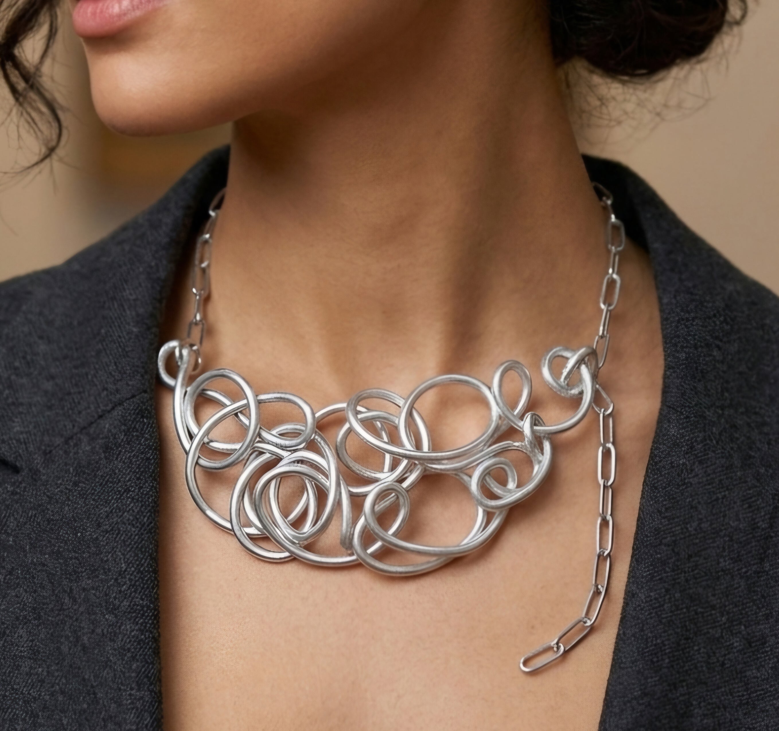 Silver Abstract Twisted Aluminum Wire Choker Necklace
